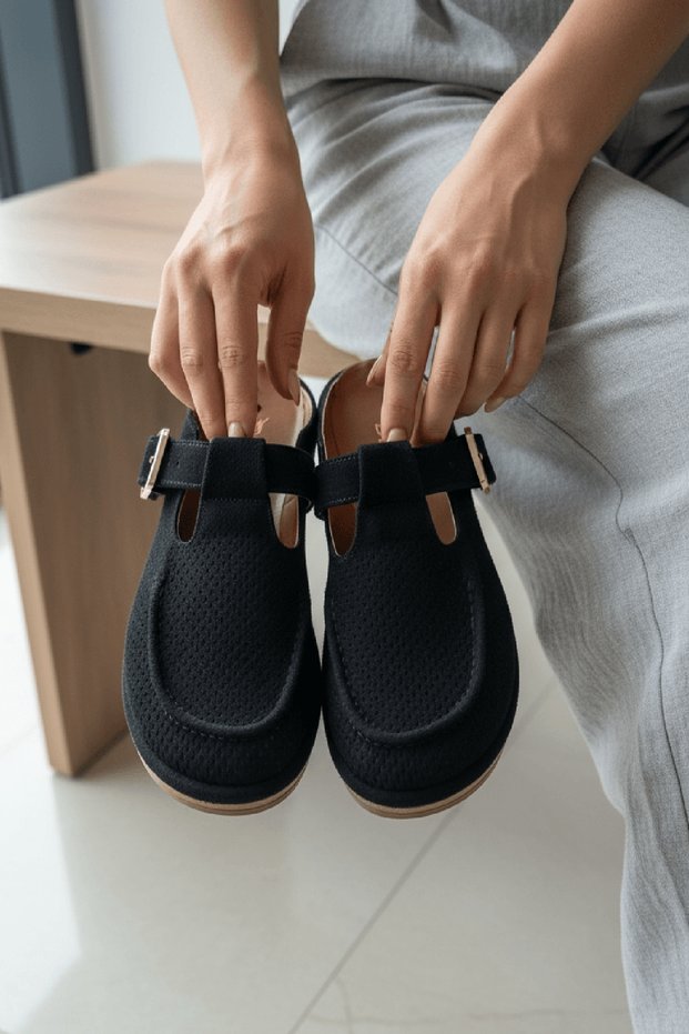 Dudo Black Suede Buckle (2 cm Heel) Round Toe Laser Detailed Slippers
