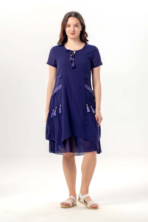 Short Sleeve Nile Voile Knee Length Double Pocket Embroidered Summer Dress Purple Purple
