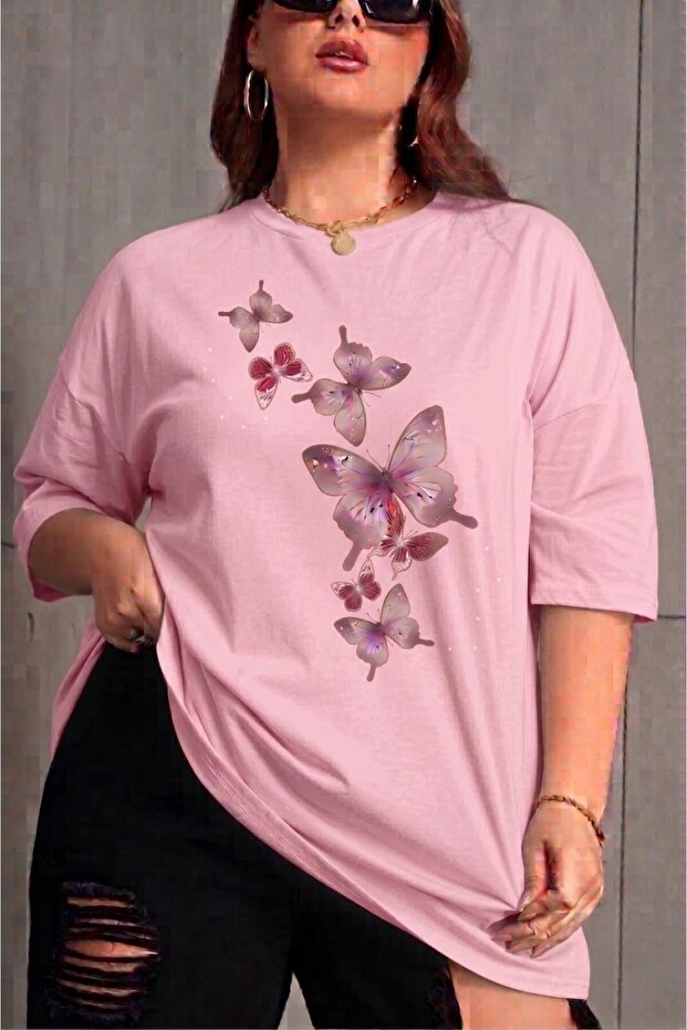 Butterfly Printed Women's Plus Size Oversized Crew Neck Cotton T-Shirt Relaxed Fit