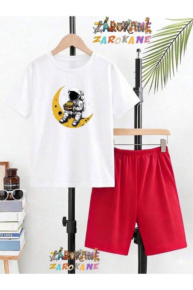 Sari Ay Astronaut Printed Top and Shorts/T-Shirt Summer Children's Two-Piece Set