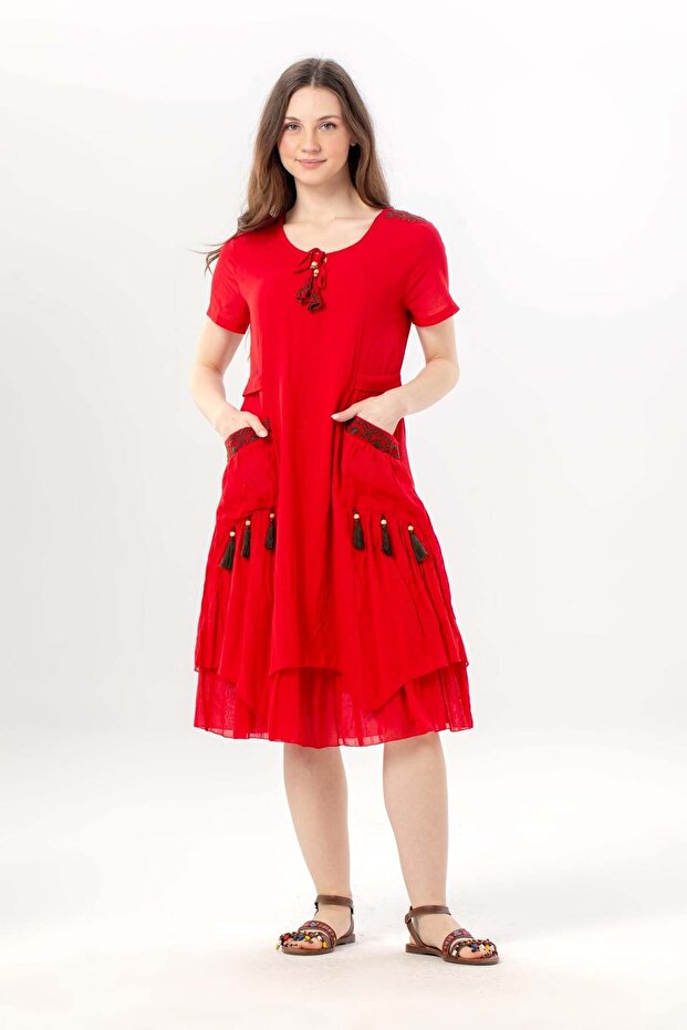 Short Sleeve Nile Voile Knee Length Double Pocket Embroidered Summer Dress Red Krmz