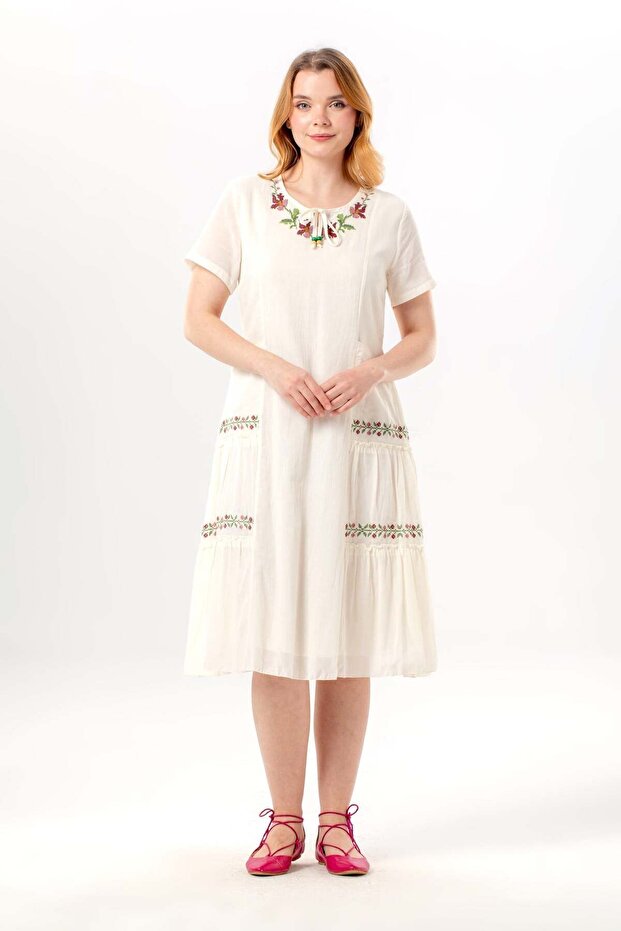 Short Sleeve Aynur Crew Neck Pocketed Summer Voile Short Dress Cream Krm