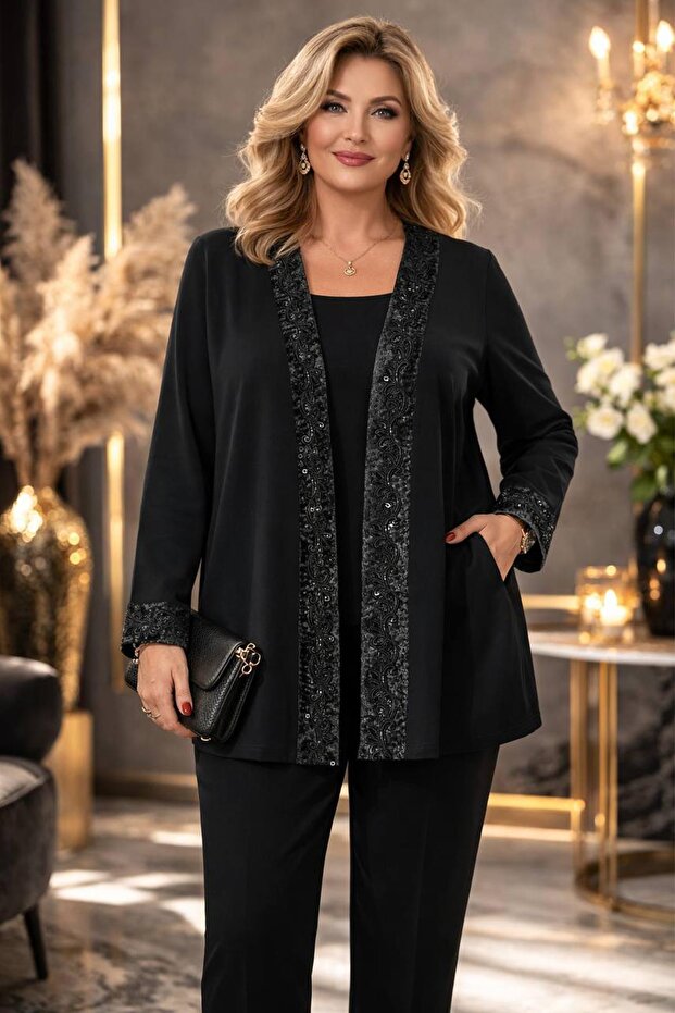 Wearon Women's Deep 2-Strap Collar and Sleeve Organza Laced Black Cardigan Jacket - 1