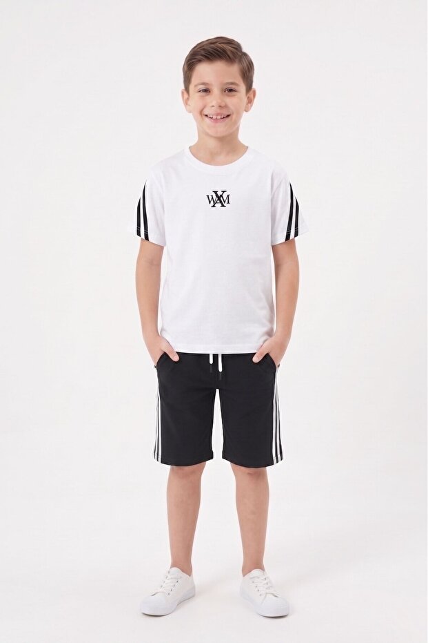 White Logo T-Shirt and Stripe Detailed Shorts Boys' Set 23812