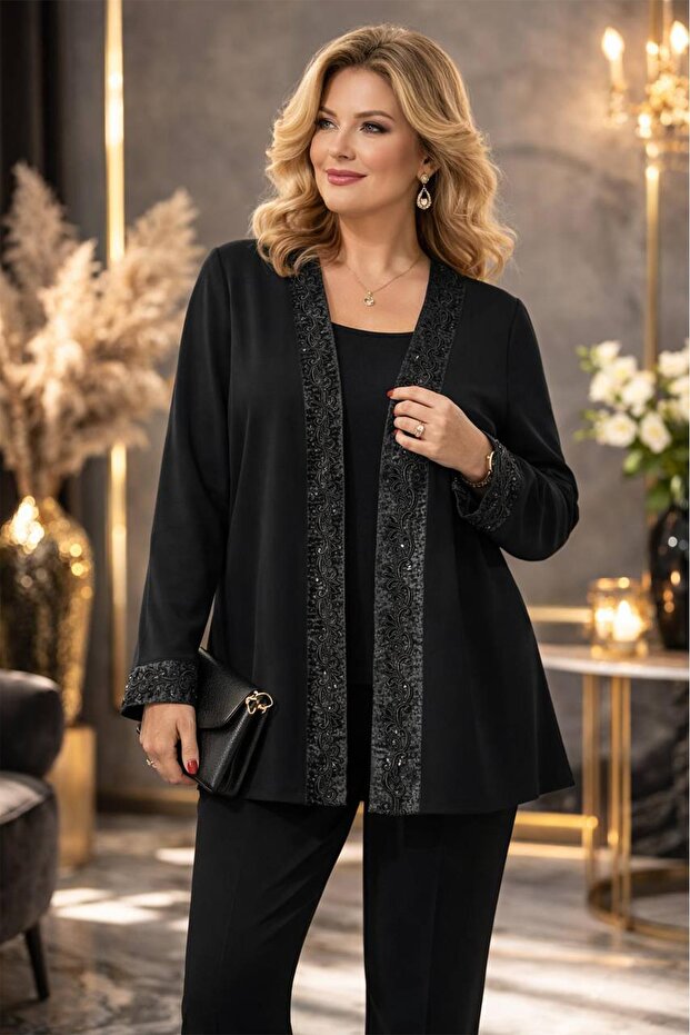 Wearon Women's Deep 2-Strap Collar and Sleeve Organza Laced Black Cardigan Jacket - 2