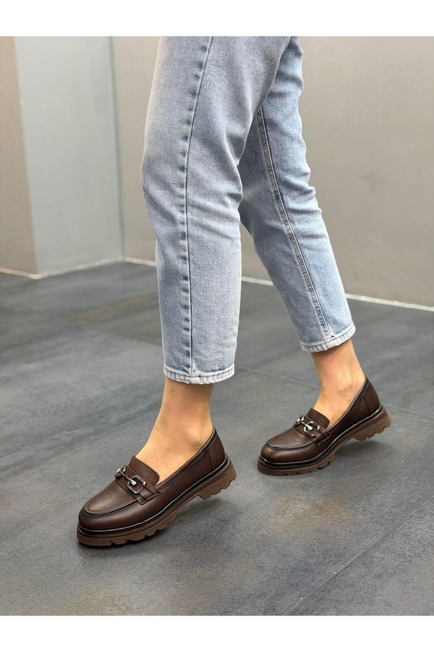 Brown Leather Buckle Women's Casual Shoes