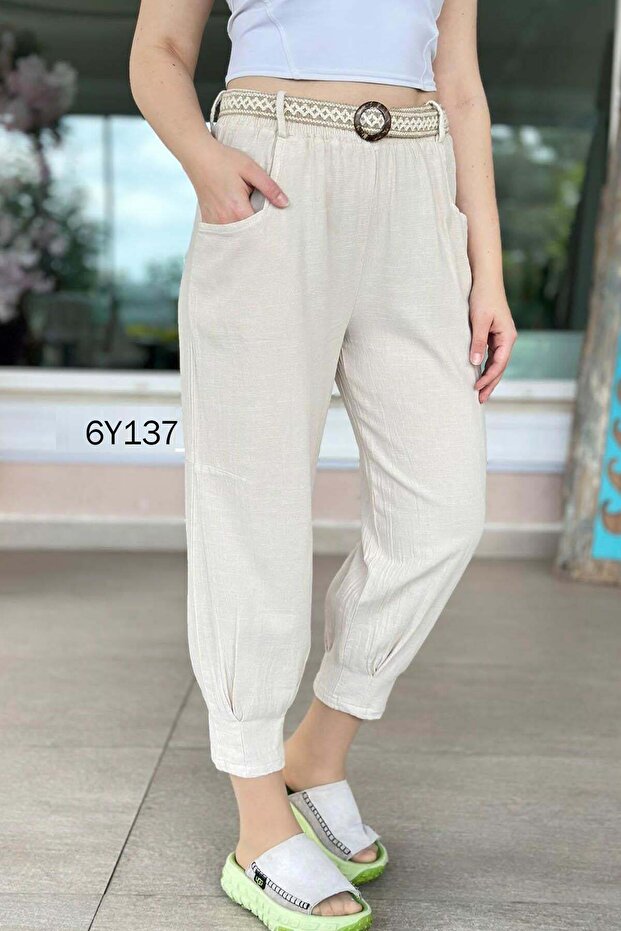 Linen Trousers with Cuffs and Belt 6Y137
