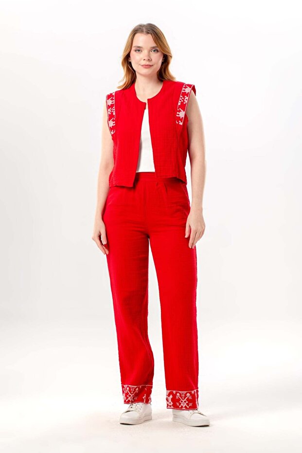 Sleeveless Nirvana Embroidered Summer Muslin Vest Red Krmz