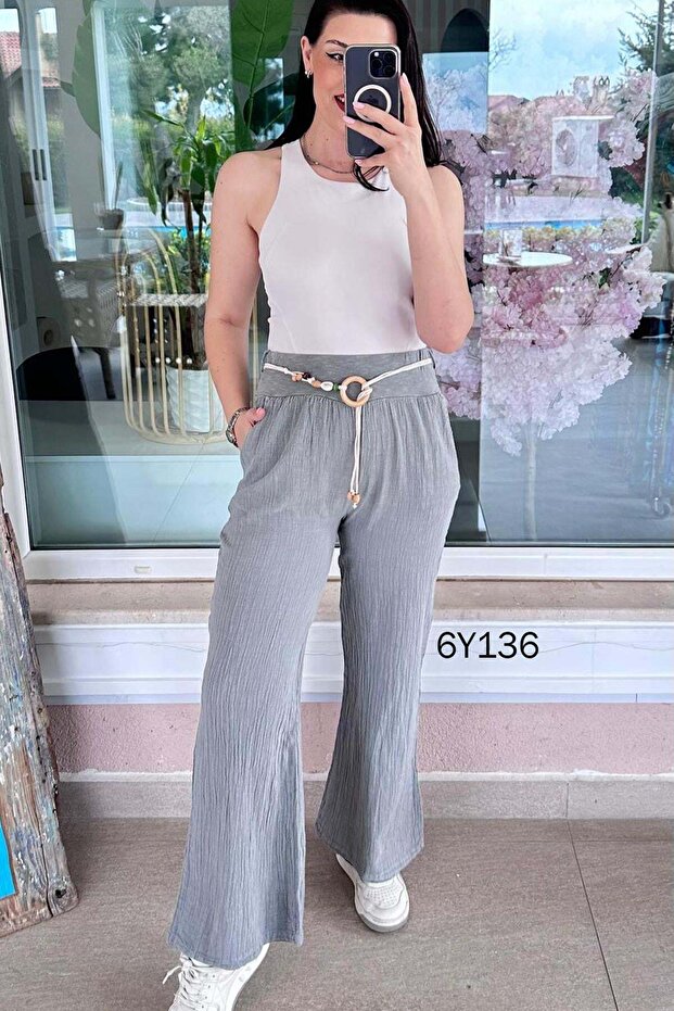 Rope Belt Beaded Linen Trousers 6Y136