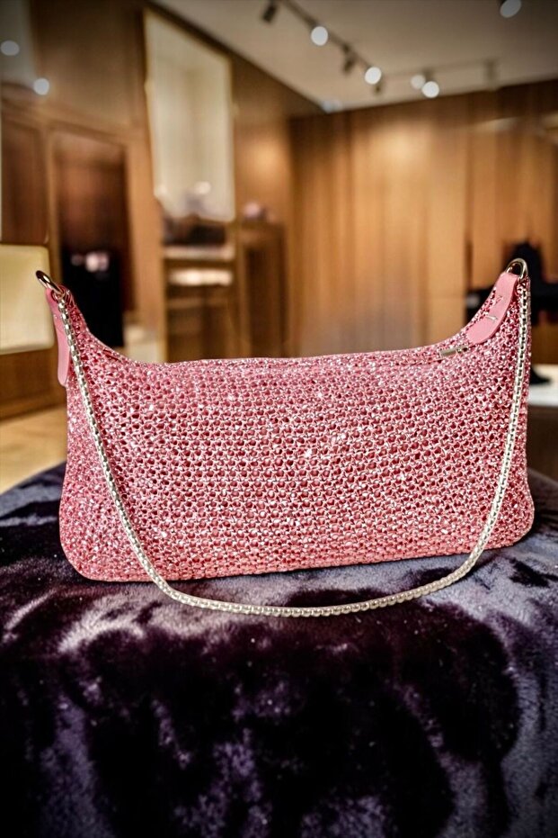 Women's Candy Pink Sparkling Mesh Knitted Chain Hand and Shoulder Bag