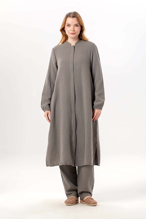 Long Sleeve Yaren Hakim Collar Summer Muslin Tunic Gray Gray