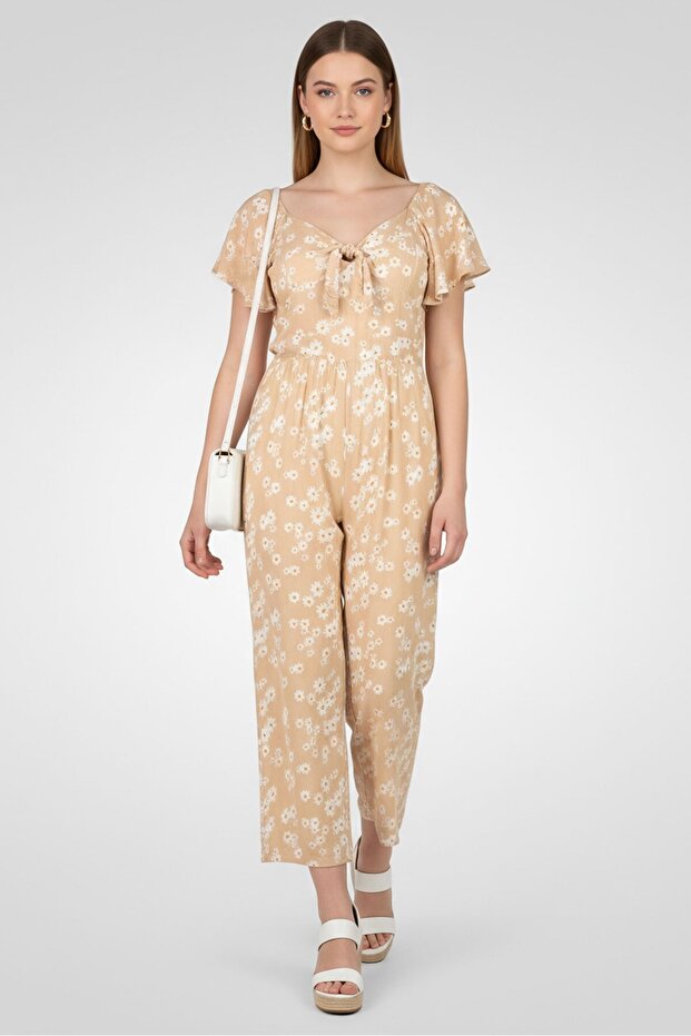 Women Floral Print Flutter Sleeve Jumpsuit, Beige