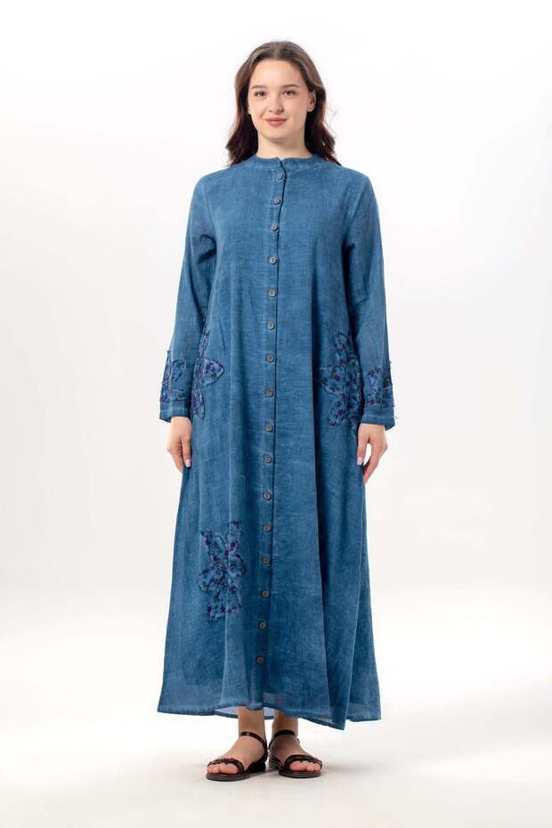 Long Sleeve Nuray Buttoned Round Neck Double Pocket Poplin Ferace Indigo Indg