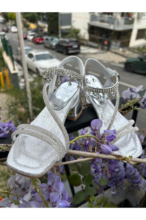 Girl's Silver Stone Evening Dress Sandals with Ankle Strap, Stylish Event Shoes