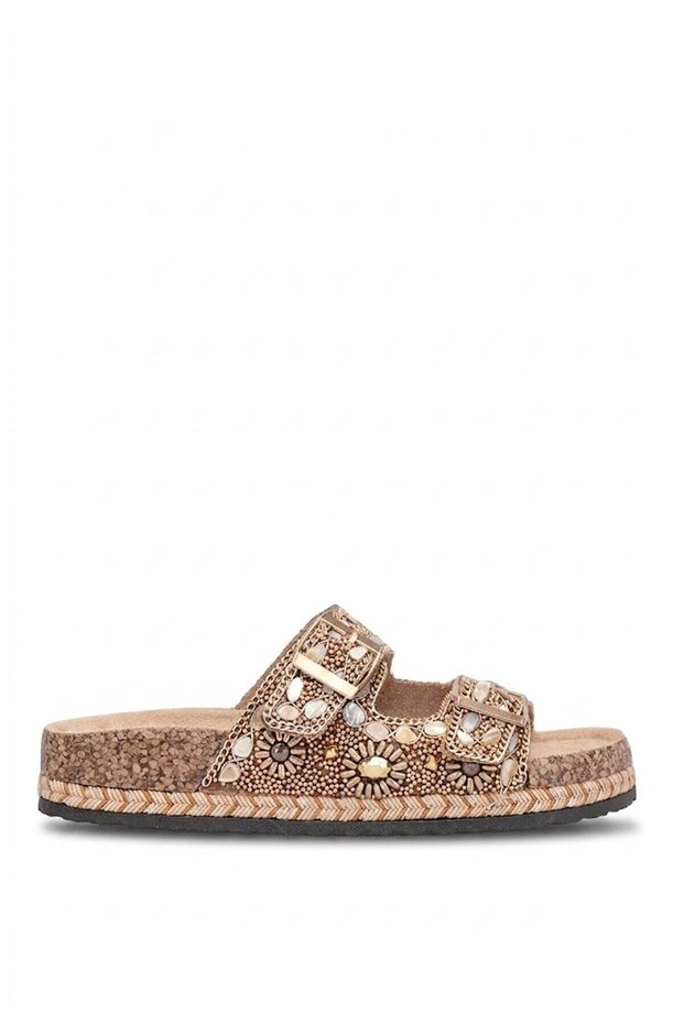 26Y106 Women's Stoned Flat Slippers Gold