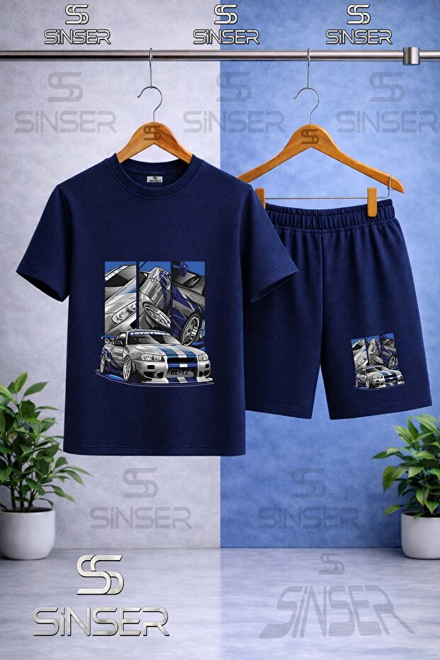 Children's Car Blue Multiple Square Printed Crew Neck T-Shirt - Shorts Set