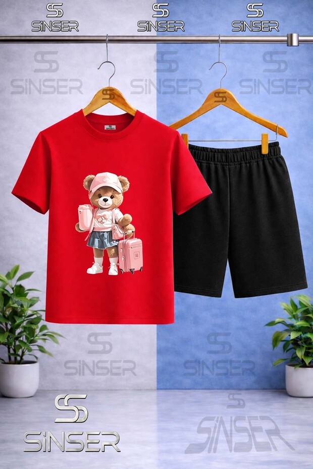 Children's T-Shirt with Bear and Suitcase Print - Short Set