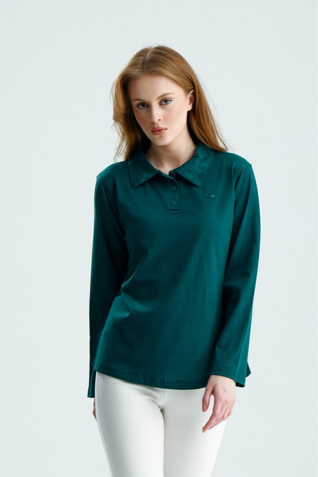 Women's Regular Fit Long Sleeve Polo Collar T-Shirt Green