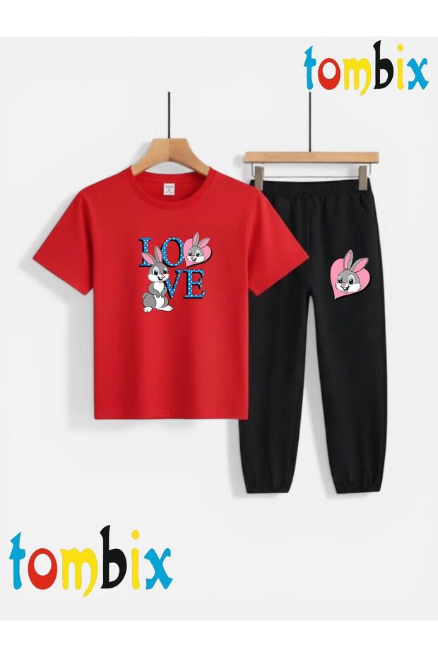 Love Rabbit Printed T-Shirt and Sweatpants (Sweatpants with Pockets) Children's Top and Bottom Set