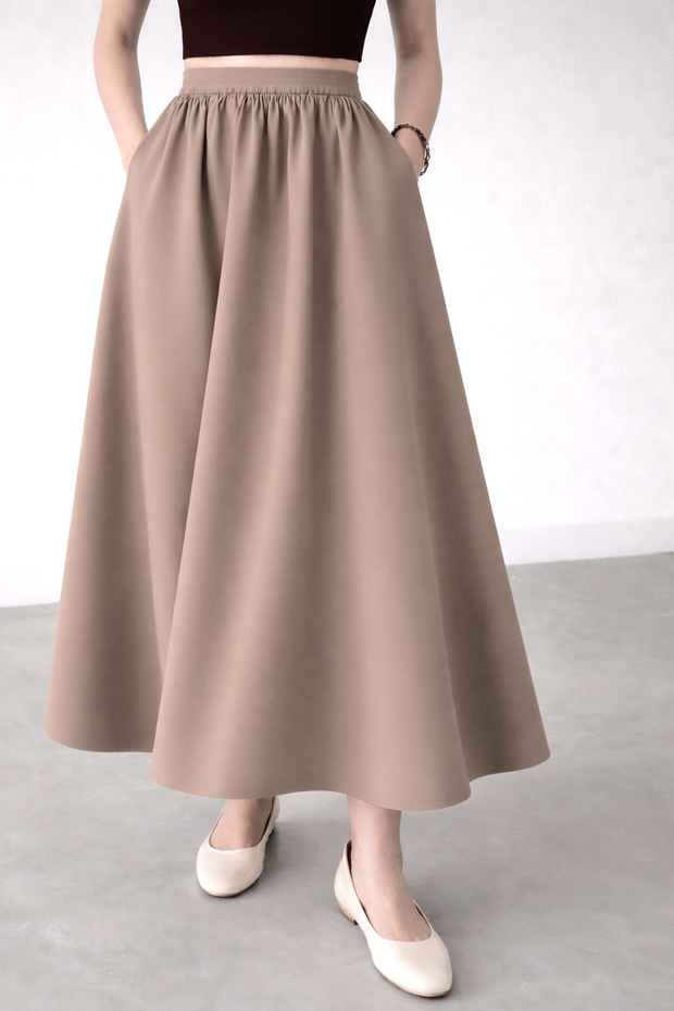 Dark Beige Double Skirt with Elastic Waist and Pockets