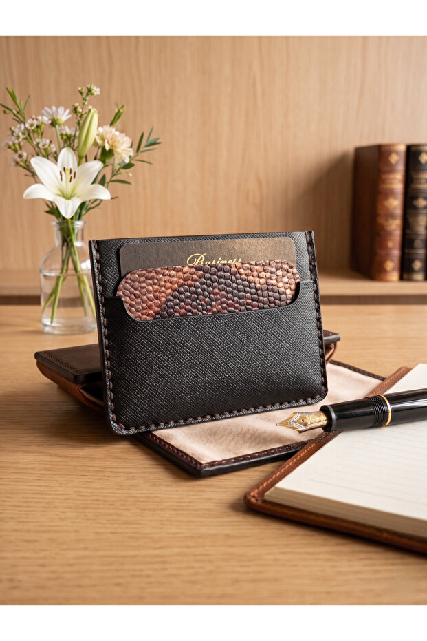 Father's Day Gift Genuine Leather Black Snakeskin Design Men's Card Holder & Wallet
