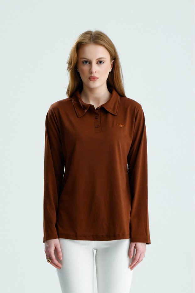 Women's Regular Fit Long Sleeve Polo Collar T-Shirt Brown