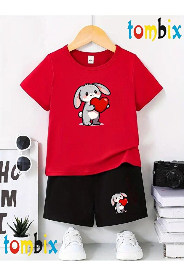 Heart on Hands Rabbit Printed T-Shirt Shorts Summer Children's Set