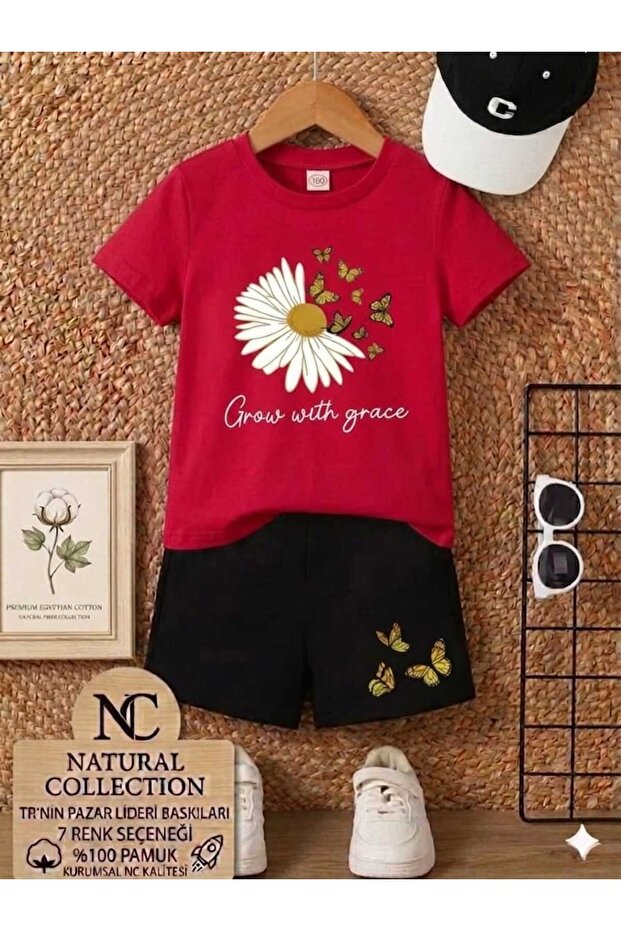 Summer Children's T-Shirt Shorts Unisex (Daisy Butterfly Print) - 1