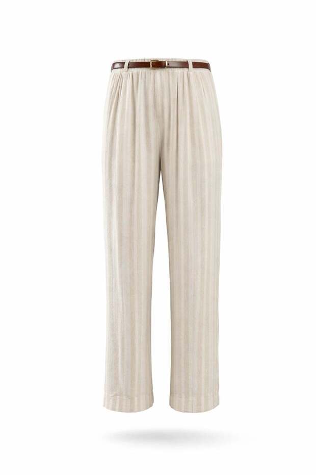 Beige Belted Elastic Waist Bohemian Trousers 0042