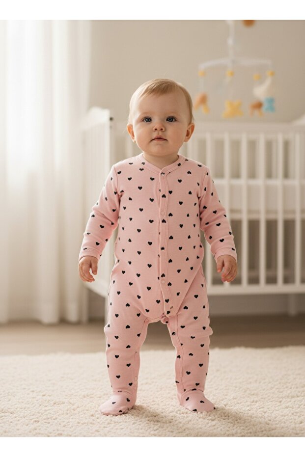 100% Cotton 2-Piece Baby Romper Set with Heart Pattern and Booties, Long Sleeve, Newborn Hospital Release, 1-3-6 Months