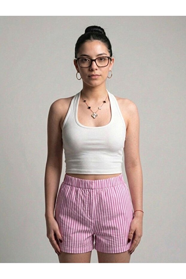 Women's White Halter Neck Bodysuit-Striped Pink White Woven Shorts Set
