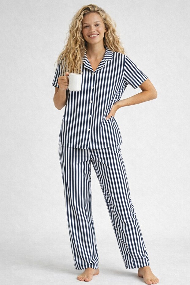 Cotton Knitted Fabric Patterned Buttoned Pajama Set - 2