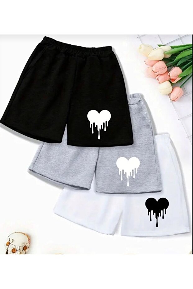 Summer Girls' 3-Pack Paint Hearts Printed Shorts Black White Gray