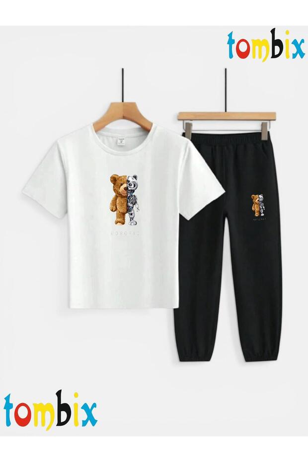Robotic Printed T-Shirt and Sweatpants (Sweatpants with Pockets) Children's Top and Bottom Set