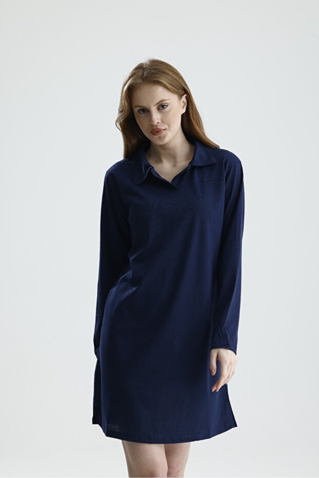 Polo Collar A-Line Long Sleeve Mini Dress Navy Blue