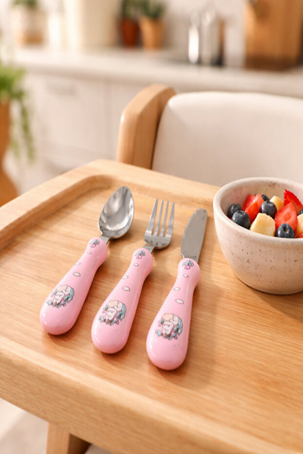 3-Piece Children's Food Spoon Fork Spoon Set Fun Character Patterned Stainless Steel - 1