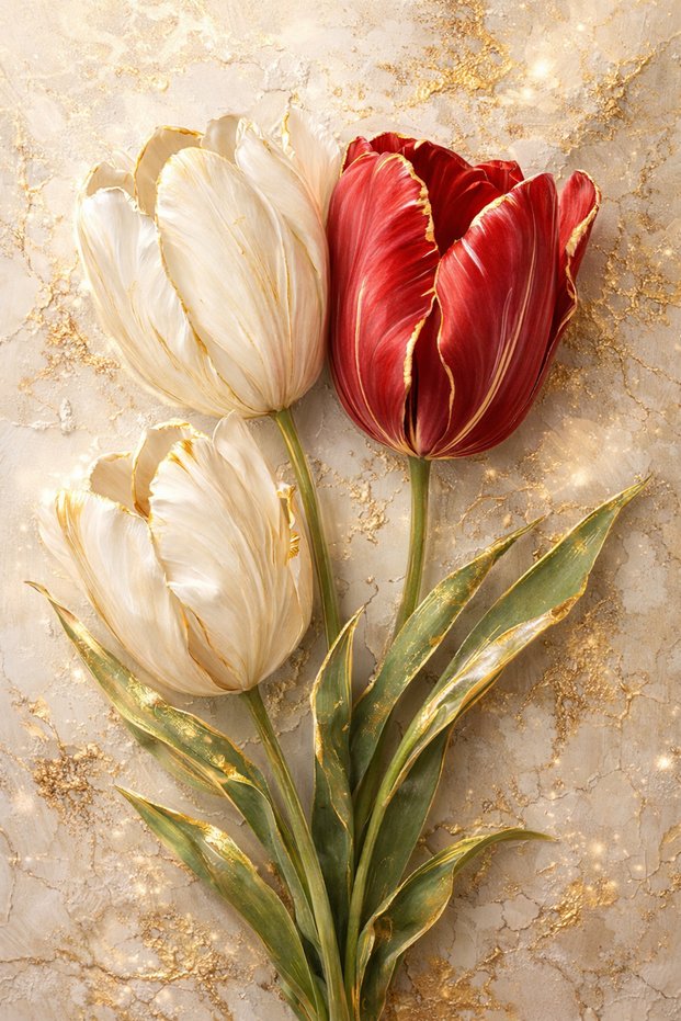 Gold Textured Tulip Painting | Embossed Look Red and White Flower Canvas Painting | Modern Living Room Decor | Frameless Premium Painting