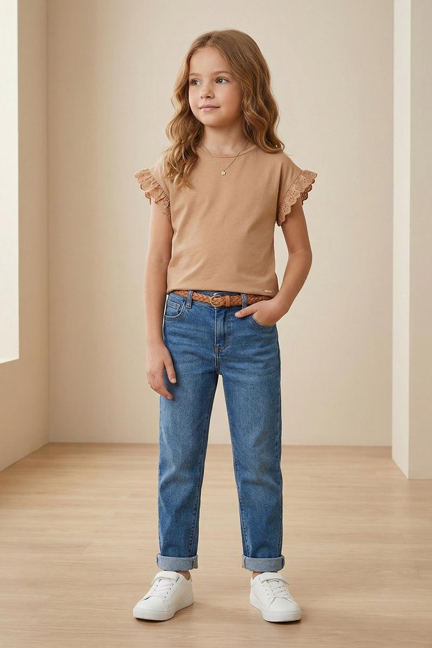 Ruffle Sleeve Detailed Short Sleeve Regular Girls' T-Shirt