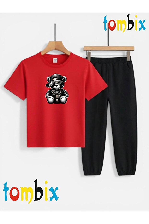 Black Bear Printed T-Shirt and Sweatpants (Sweatpants with Pockets) Children's Top and Bottom Set