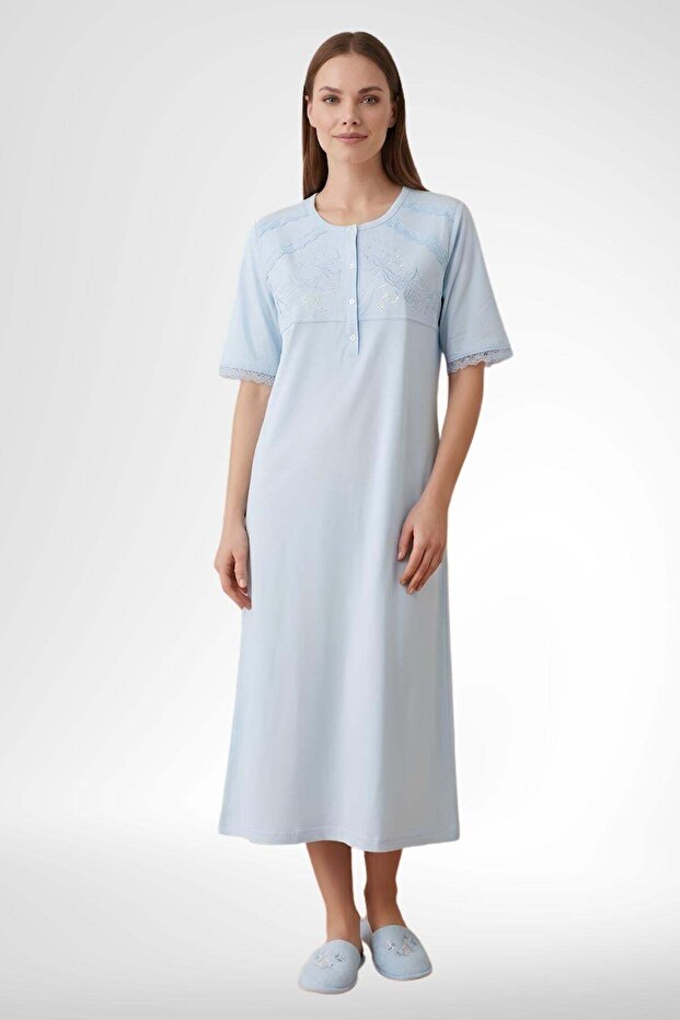Mecit 6363 blue women's 100% cotton long nightgown