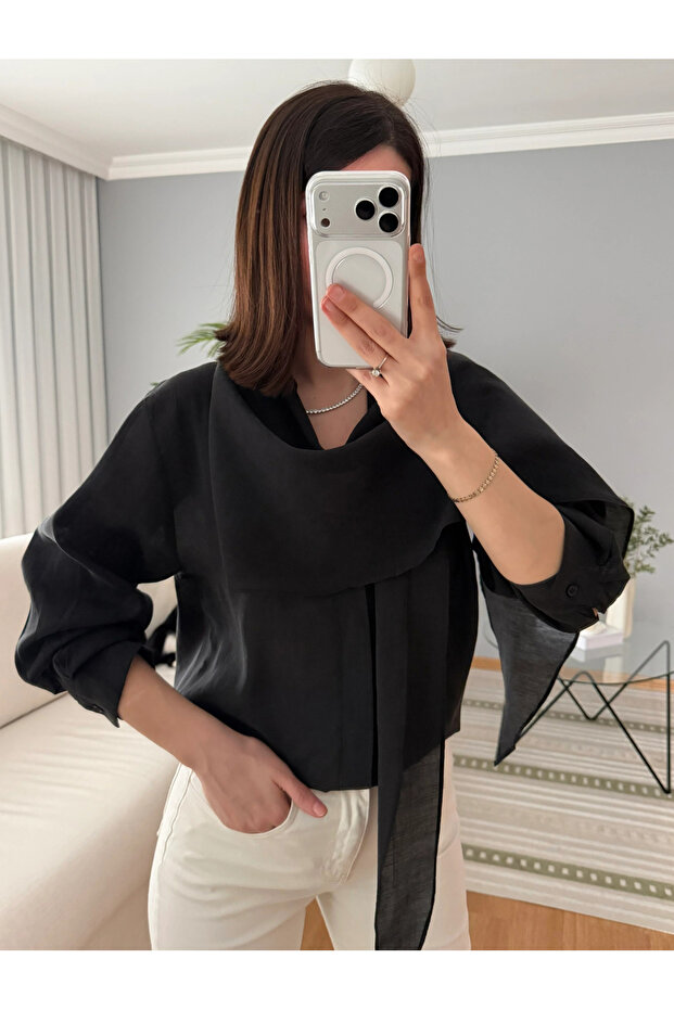 Black Shawl Detail Shirt - 3251
