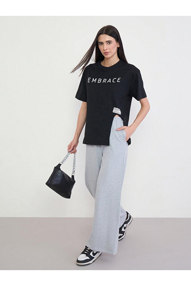 Black 100% Cotton Oversized T-Shirt with Slit and Badge Detail