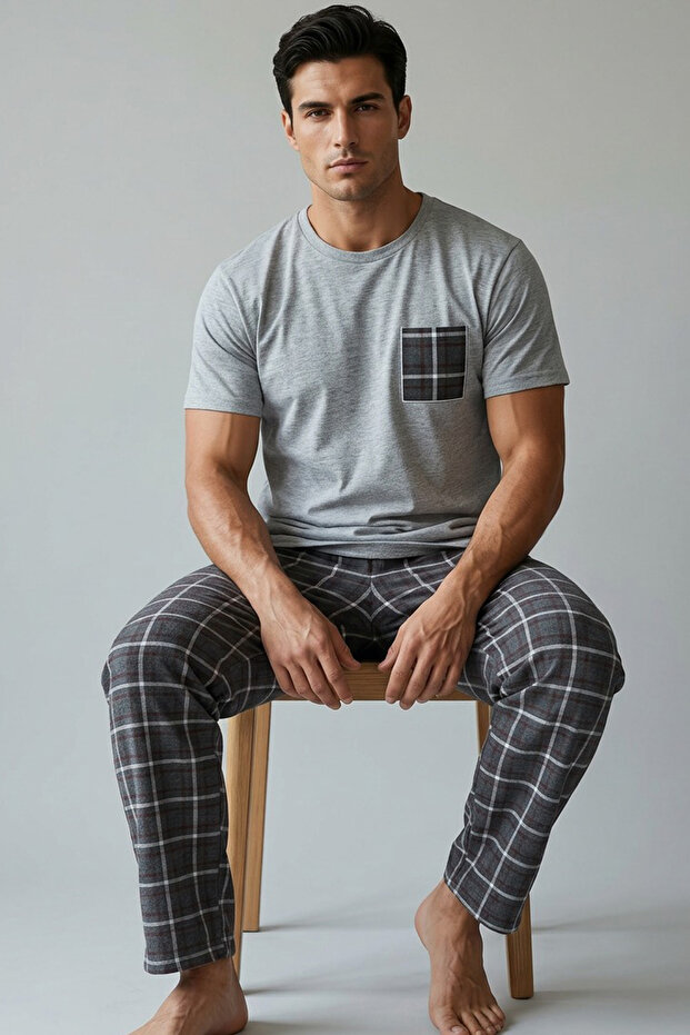 Gray Melange Anthracite Plaid Patterned Pocket Embroidery Knitted Short Sleeve Pajama Set 8000