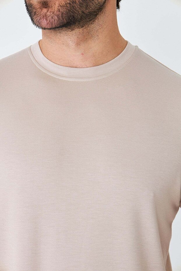 Beige Crew Neck Basic T-Shirt - 4