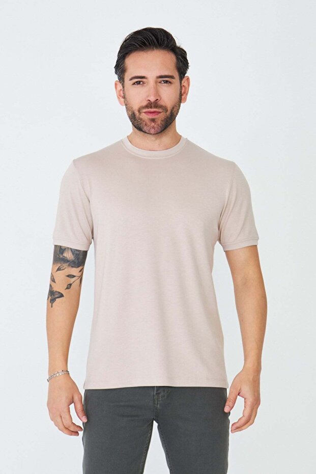 Beige Crew Neck Basic T-Shirt - 1