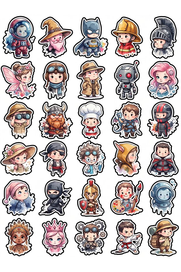 30 Pieces Watercolor Little Heroes Sticker Set - Laptop Notebook Phone Agenda
