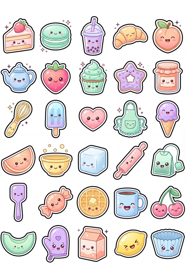 30 Pieces Pastel Cafe and Dessert Sticker Set - for Laptop, Agenda, Phone