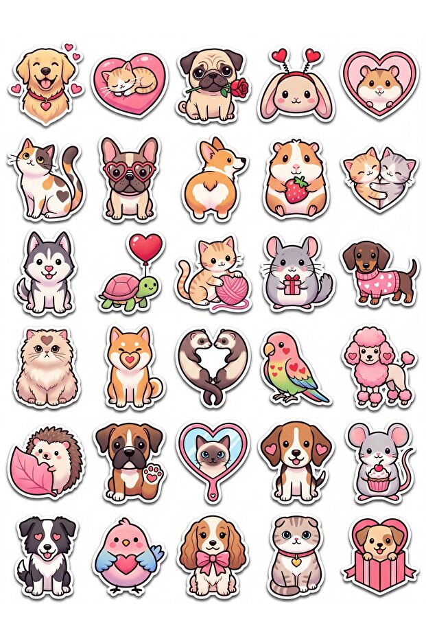 30 Pieces of Cute Animal Sticker Set with Hearts - for Laptop, Notebook, Phone