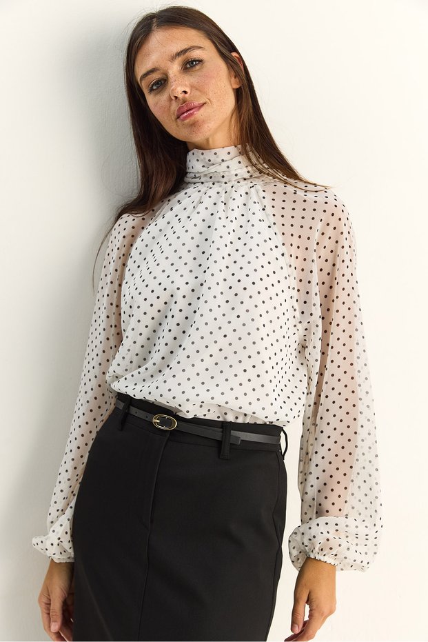 Women's White Polka Dot High Neck Cape Cut Princess Sleeve Lined Chiffon Blouse 0972 60283966