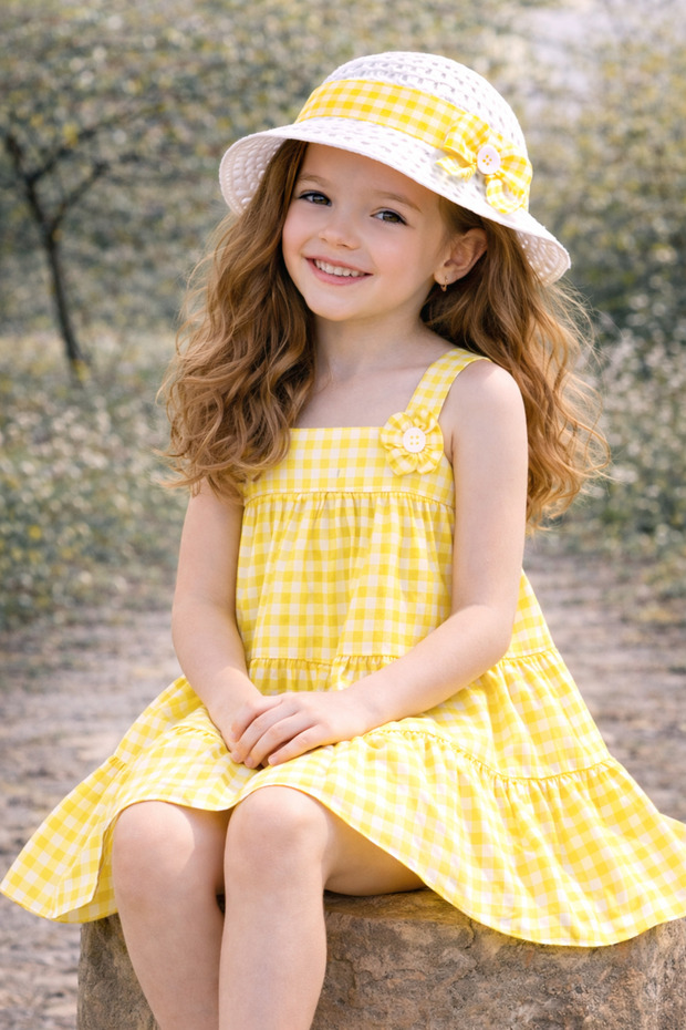 Girl's Plaid Hat and Cotton Summer Dress